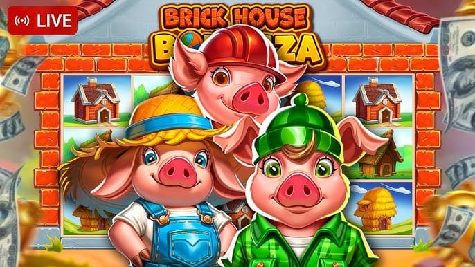 the Brick House Bonanza slot game featuring charming animals, brick houses, and cascading reels in action.